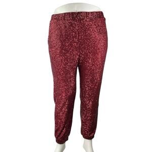 Vince Camuto Women's Red Sequin Sparkly High Waisted Tapered Jogger Pants Size L